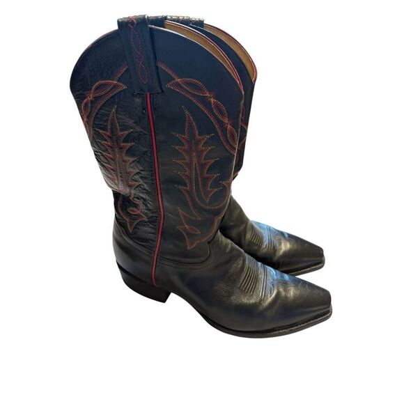 Tony Lama Size 9 Square Toe Cowboy Boots Black Classic Western Red Embroidered - Picture 1 of 12
